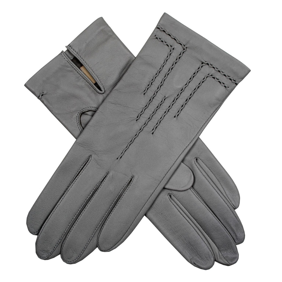 Dents Womens Leather Gloves with Button Detail & Elastic Palm - Grey (Silk Feel Lining)