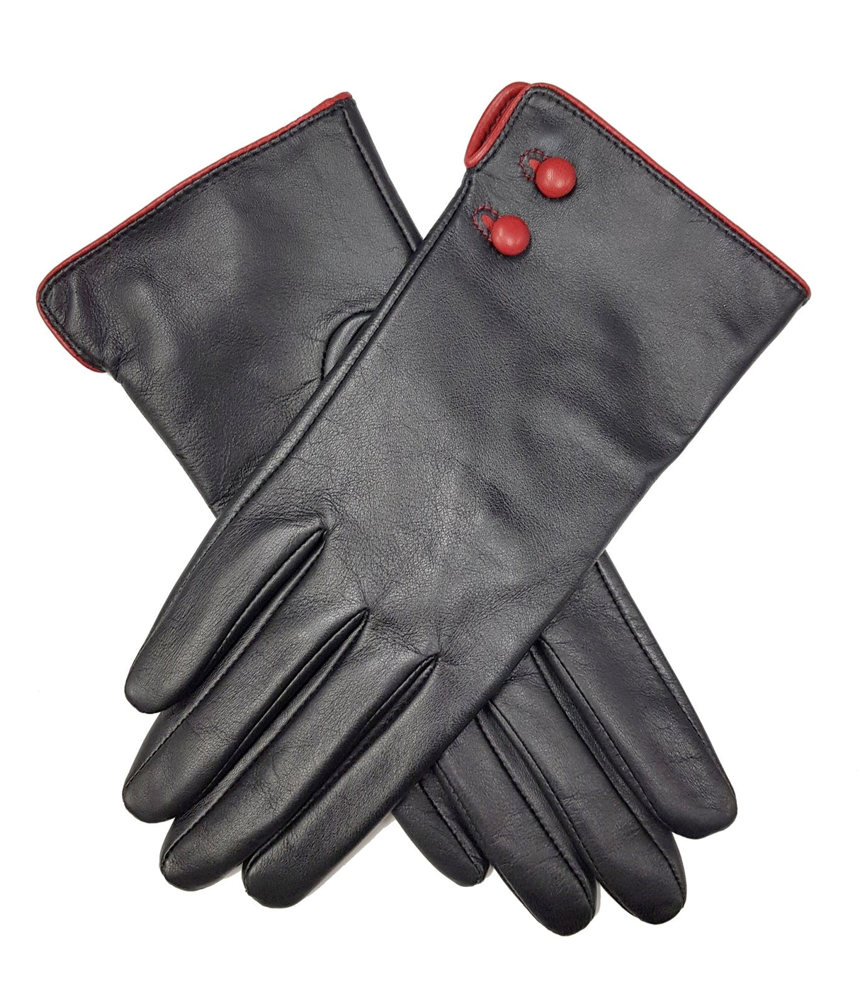 Dents Leather Gloves with Buttons & Piping in Black/Red