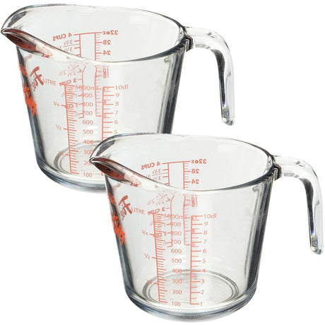 2x Anchor Hocking 1L/4-Cup Glass Measuring Jug Cooking/Baking Large - Clear