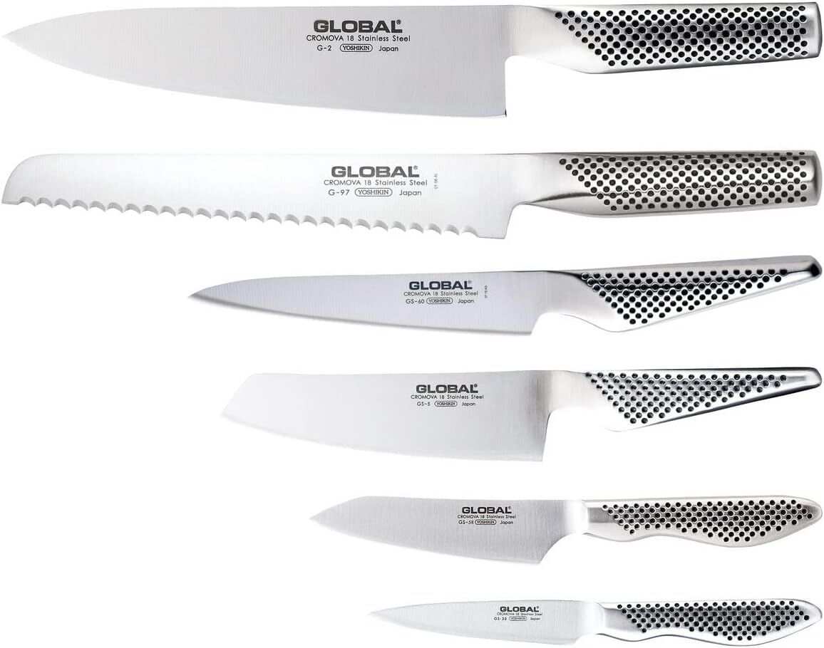 Global Kyoto 7-Piece Japanese Knife Block Set Stained Ash Block - Made in Japan