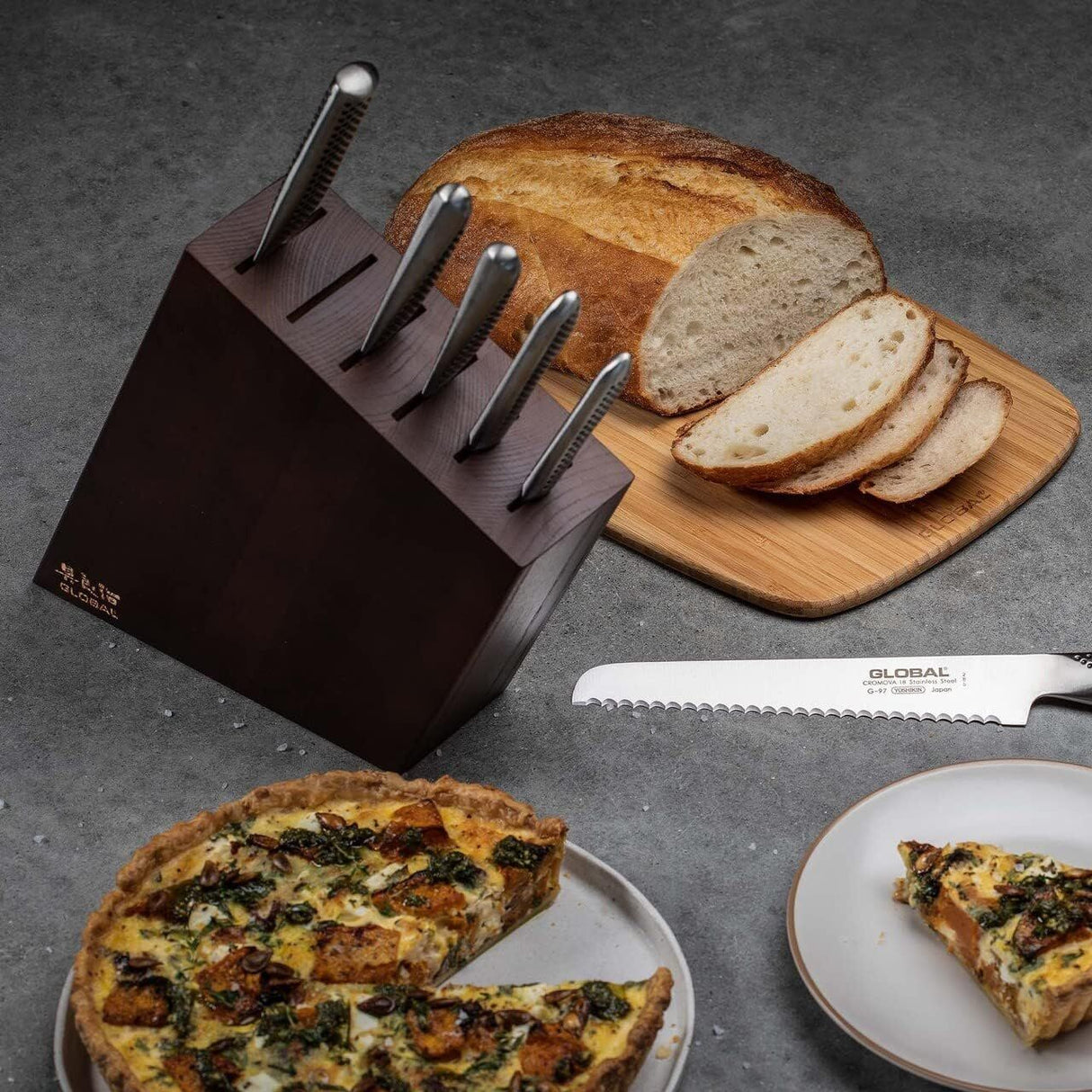 Global Kyoto 7-Piece Japanese Knife Block Set Stained Ash Block - Made in Japan