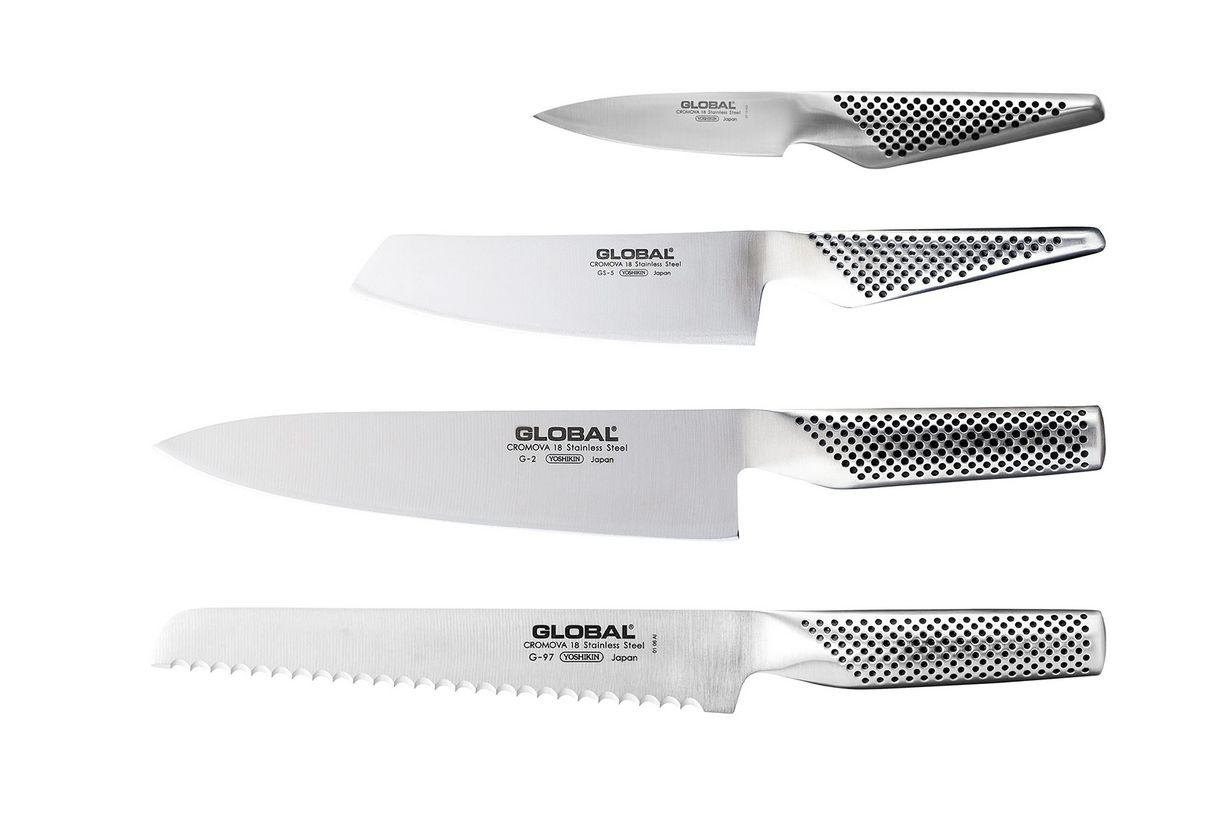 Global Hashira 5-Piece Japanese Knife Block Set Walnut Storage Block - Made in Japan