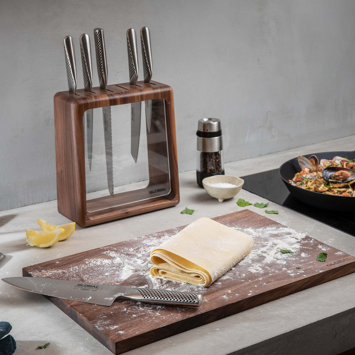 Global Hashira 7-Piece Japanese Knife Block Set Walnut Storage Block - Made in Japan