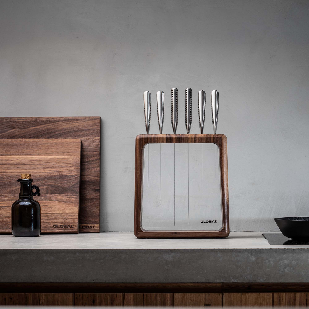 Global Hashira 7-Piece Japanese Knife Block Set Walnut Storage Block - Made in Japan