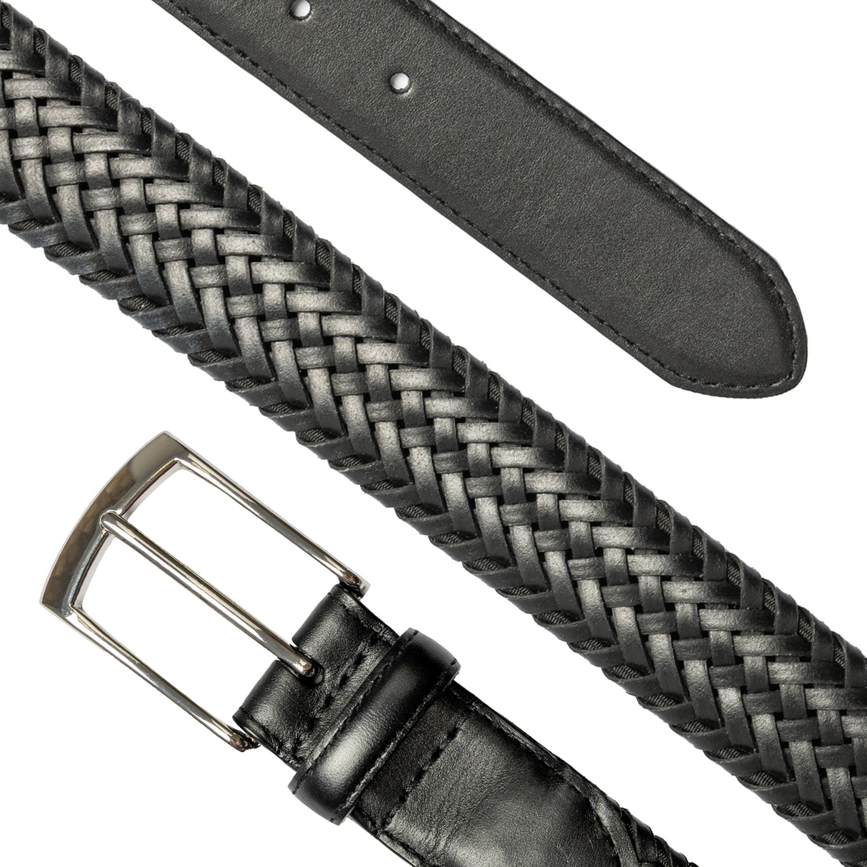 Dents Mens Stretch Plaited Leather Belt - Black/Black