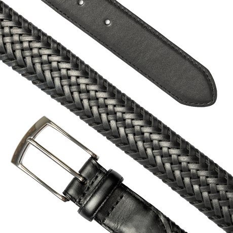 Dents Mens Stretch Plaited Leather Belt - Black/Black