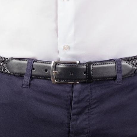 Dents Mens Stretch Plaited Leather Belt - Black/Black