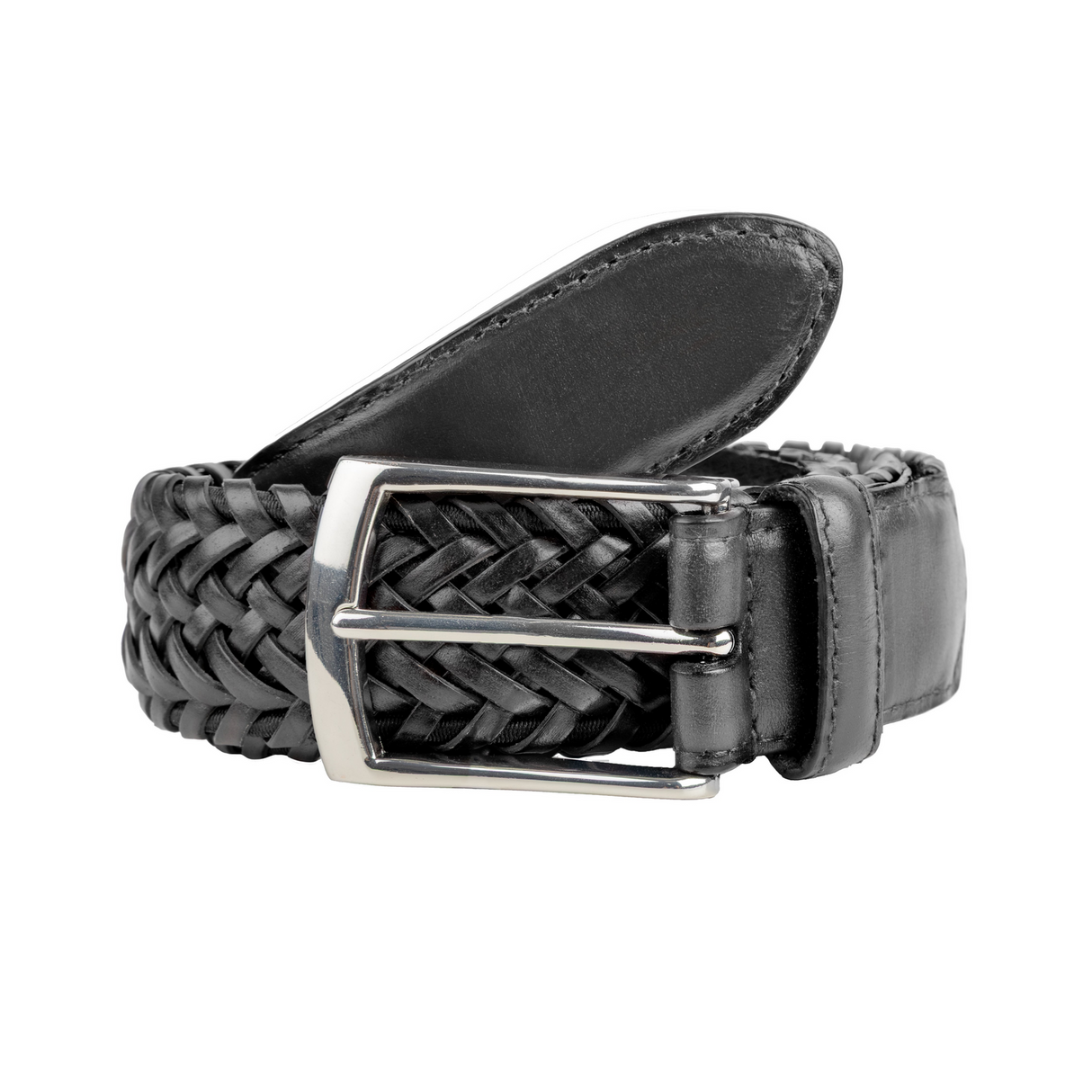 Dents Mens Stretch Plaited Leather Belt - Black/Black