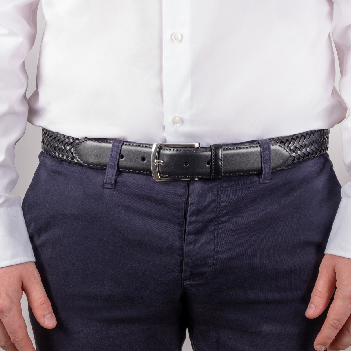 Dents Mens Stretch Plaited Leather Belt - Black/Black