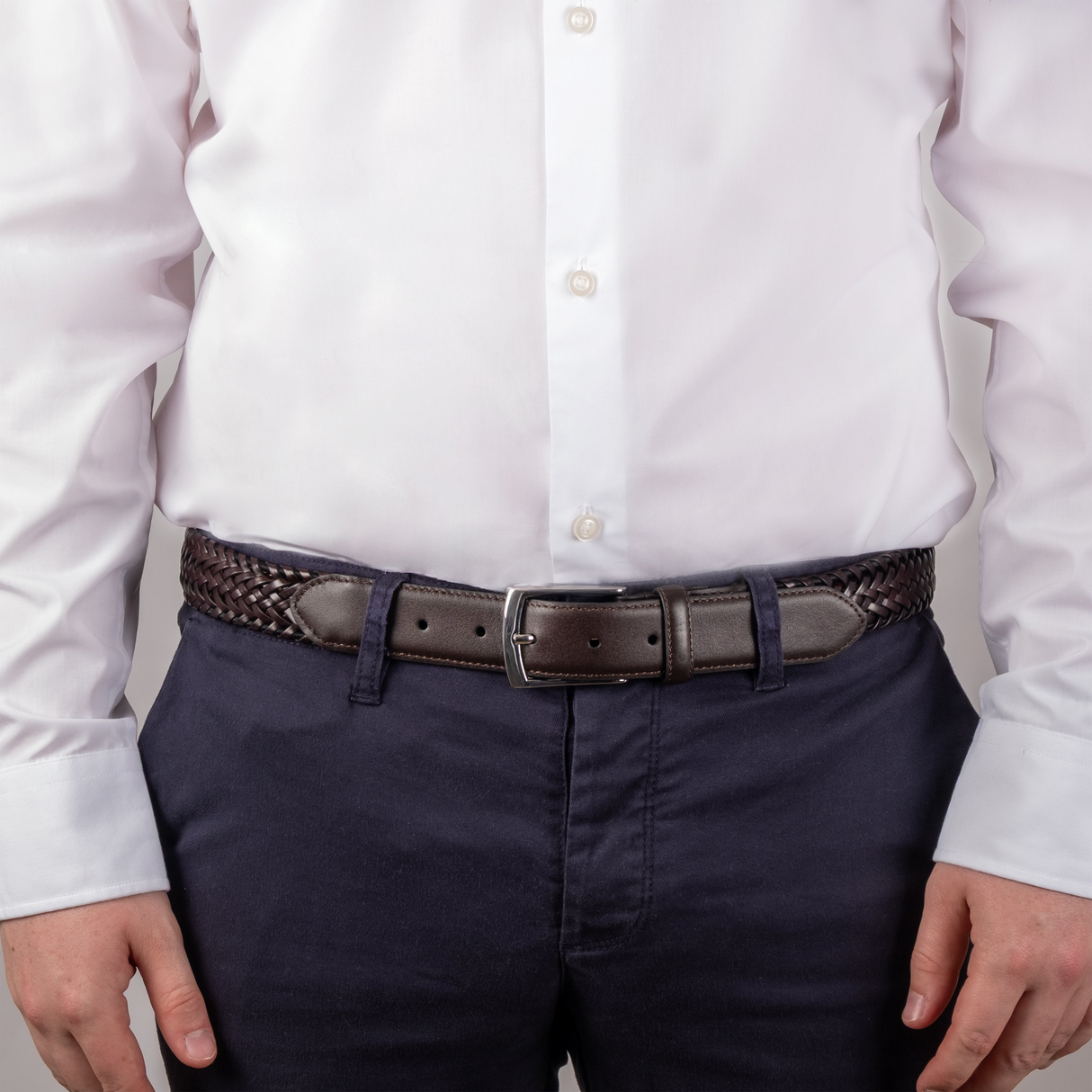 Dents Mens Woven Leather Belt with Satin Nickel Buckle in Brown