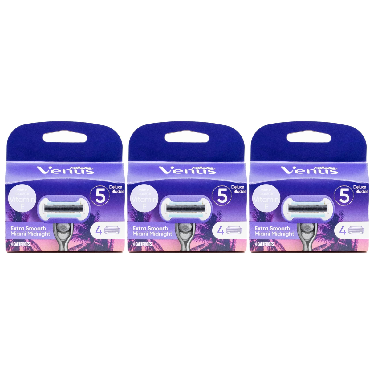 3x Gillette Venus Extra Smooth Womens 5-Blade Razor Refill Cartridges Pack - Miami Midnight (4 Pack)