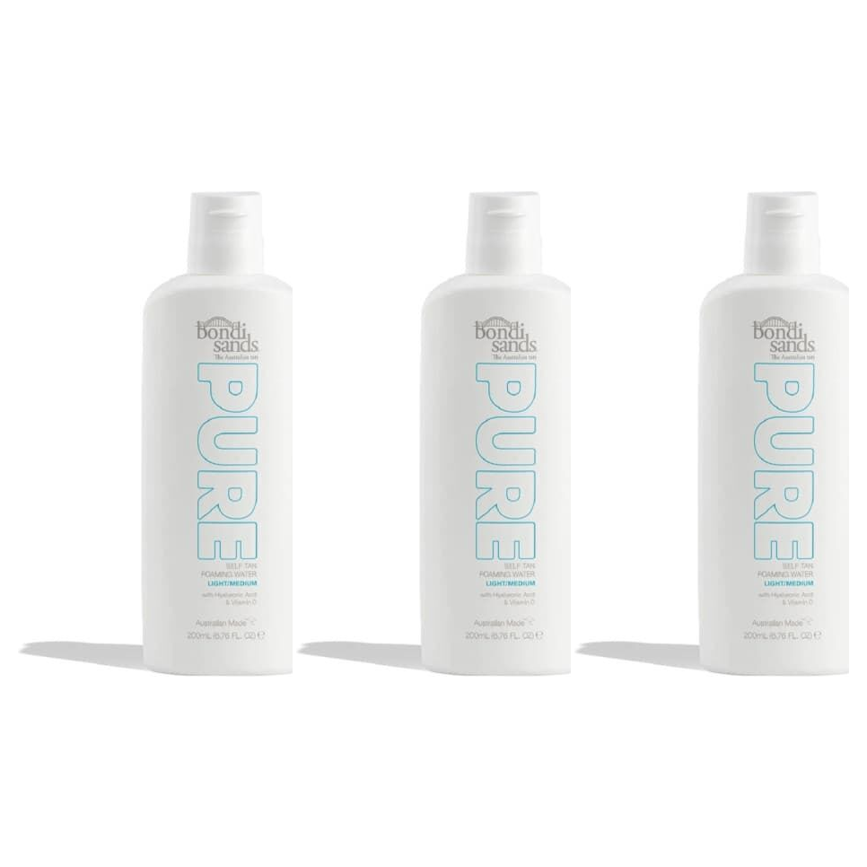3x Bondi Sands 200ml Pure Self Tan Foaming Water Bulk Pack - Light Medium (Fragrance Free)