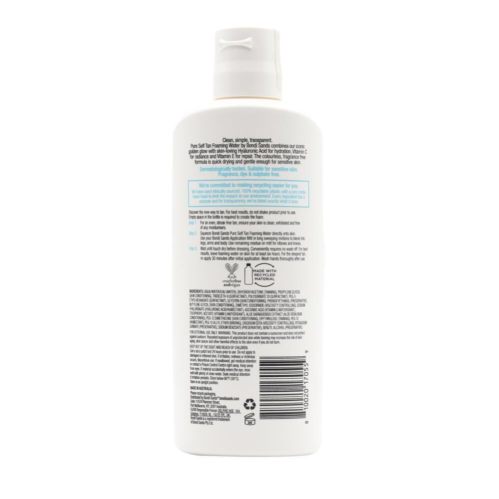 3x Bondi Sands 200ml Pure Self Tan Foaming Water Bulk Pack - Light Medium (Fragrance Free)