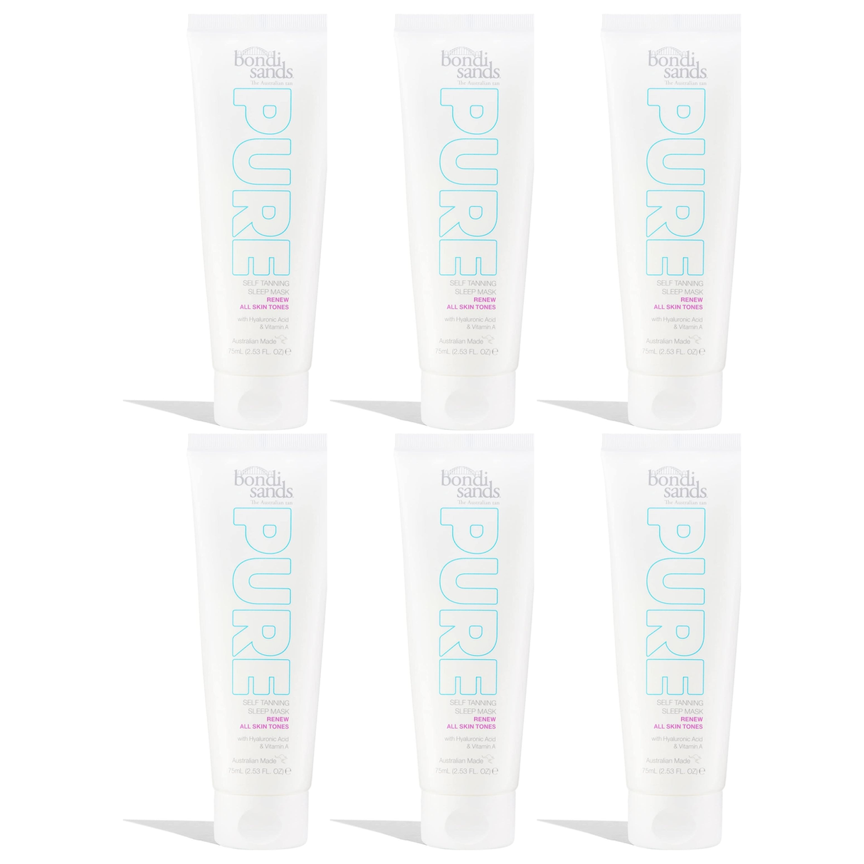 6x Bondi Sands 75mL Pure Self Tanning Sleep Mask Bulk Pack - Renew Hyaluronic Acid & Vitamin A