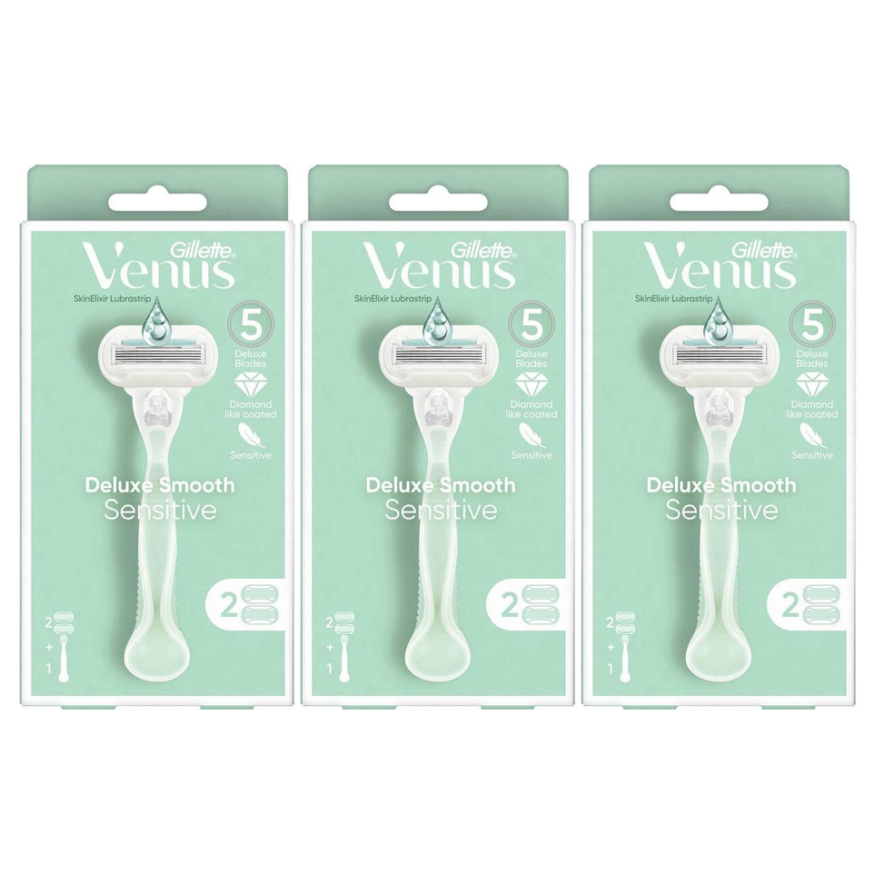 3x Gillette Venus Womens 3-Blade Razor Pack - Smooth Sensitive (Handle + 2 Cartridges)