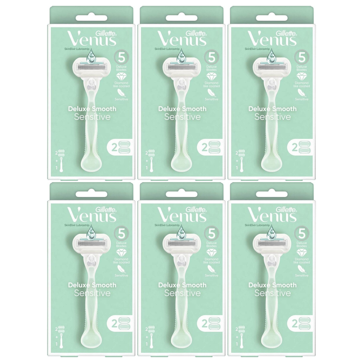 6x Gillette Venus Womens 3-Blade Razor Bulk Pack - Smooth Sensitive (Handle + 2 Cartridges)