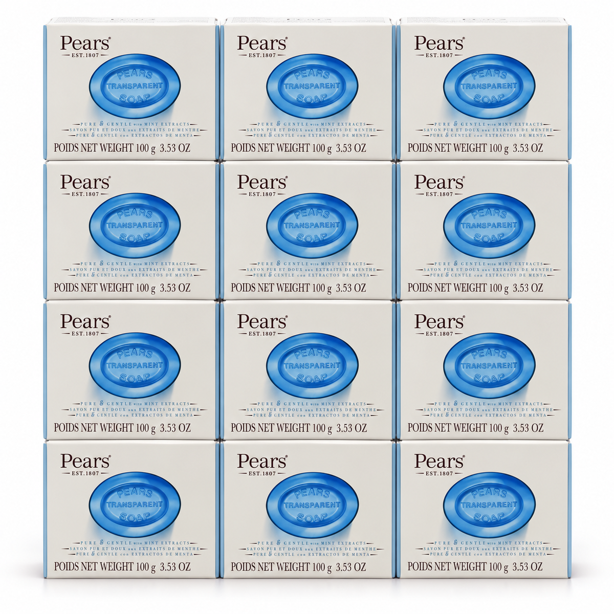 12x Pears 100g Pure & Gentle Transparent Soap Bar Bulk Pack - Mint Extract
