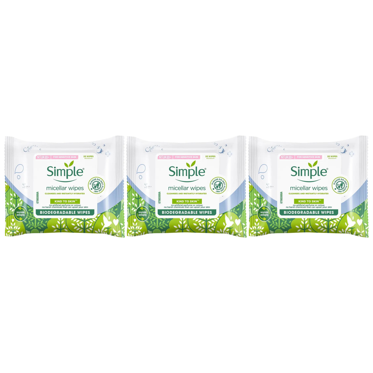 3x Simple 20 Micellar Wipes for Sensitive Skin (Pack)