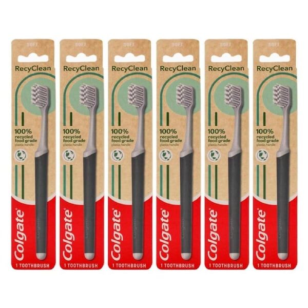 6x Colgate Toothbrush 100% Recycled Food Grade Bulk Pack - Plastic Handle Soft Bristles