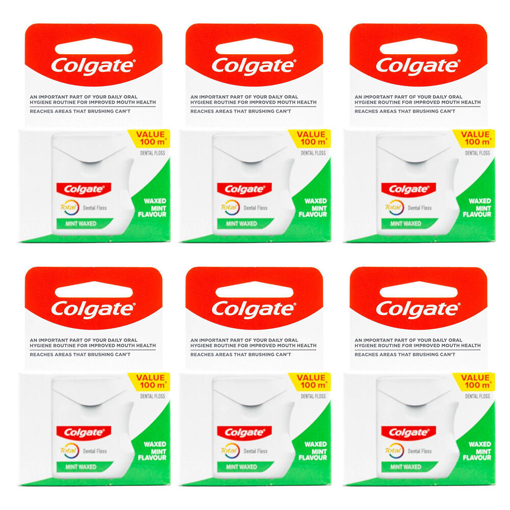 6x Colgate Total Dental Floss Mint 100m Bulk Pack - Waxed Plaque Removal Gum Care