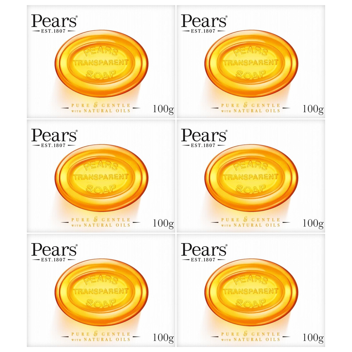 6x Pears 100g Pure & Gentle Moisturising Glycerine Bar Soap with Natural Oils Bulk Pack - Amber