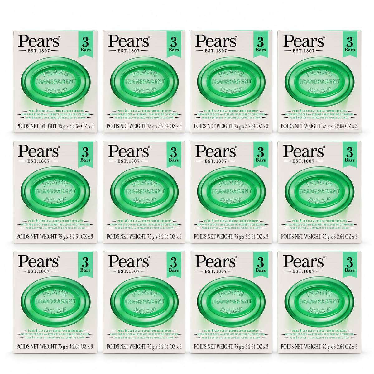 12x Packs of 3x Pears Pure and Gentle Lemon Flower Soap Bar 75g Sensitive Skin