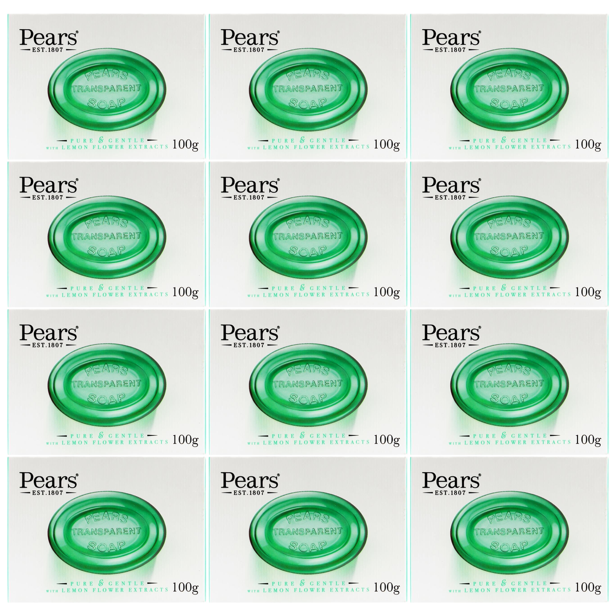 12x Pears 100g Pure & Gentle Transparent Bar Soap with Lemon Flower Extracts Bulk Pack - Green