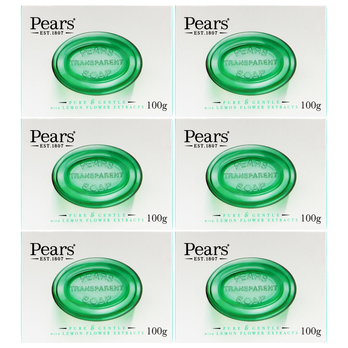 6x Pears 100g Pure & Gentle Transparent Bar Soap with Lemon Flower Extracts Bulk Pack - Green