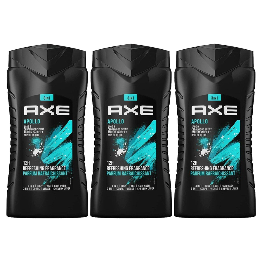 3x Axe 250ml Apollo 3-in-1 Body, Face & Hair Wash for Men Pack - Frozen Pear & Cedarwood