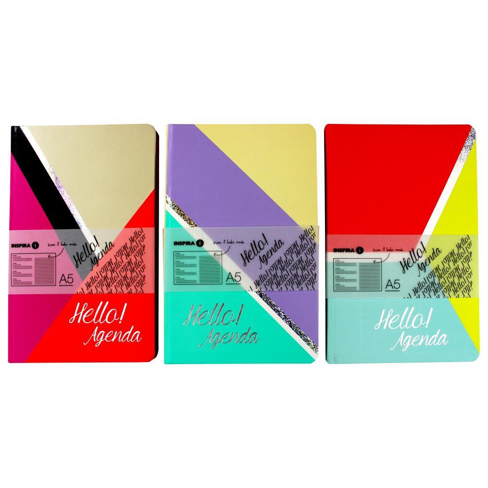 3x Inspira A5 Hello Agenda Dated Notebook 96 Pages - Assorted Colours (Bulk Pack)