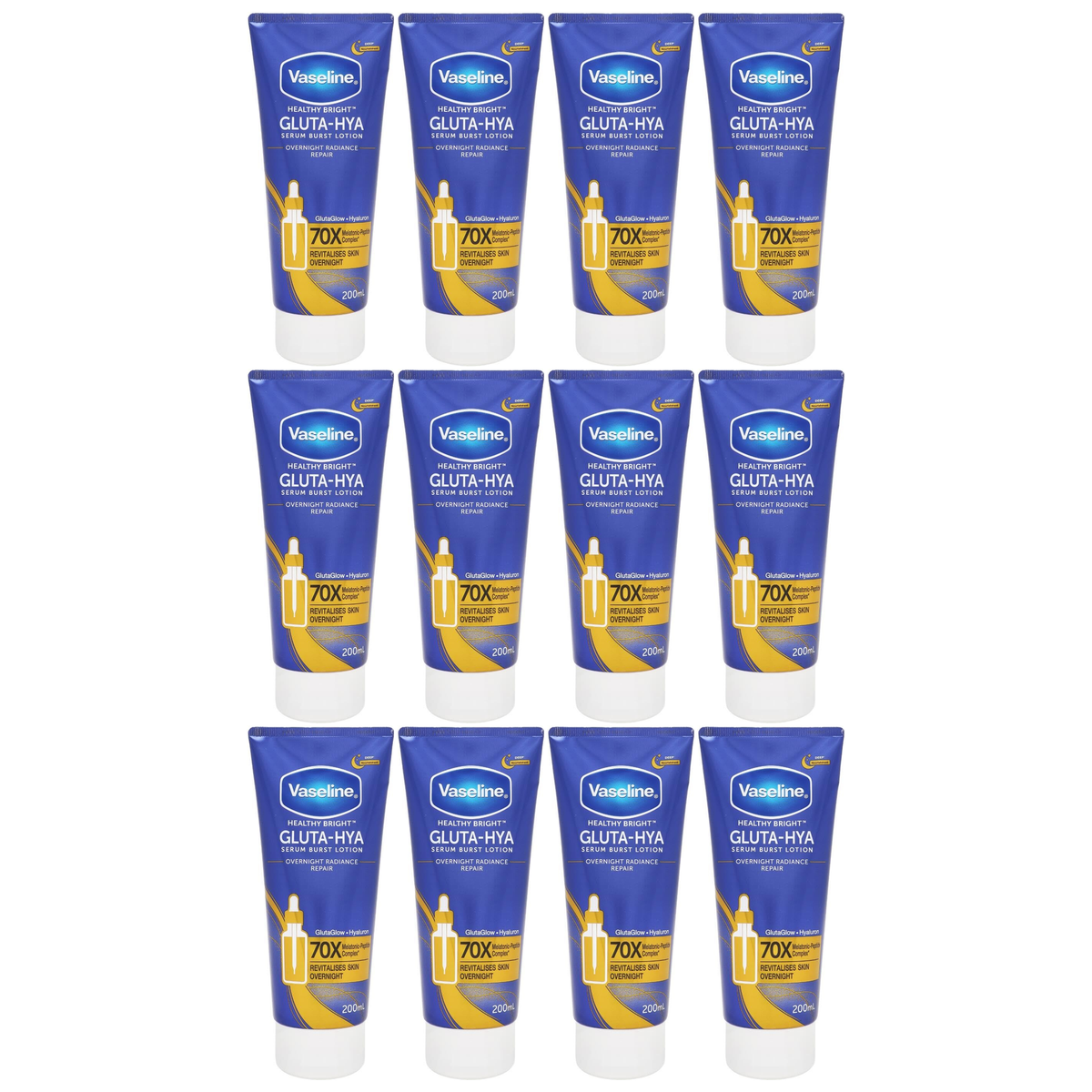 12x Vaseline 200ml Serum Burst Body Lotion Bulk Pack - Healthy Bright Gluta-Hya Overnight Repair