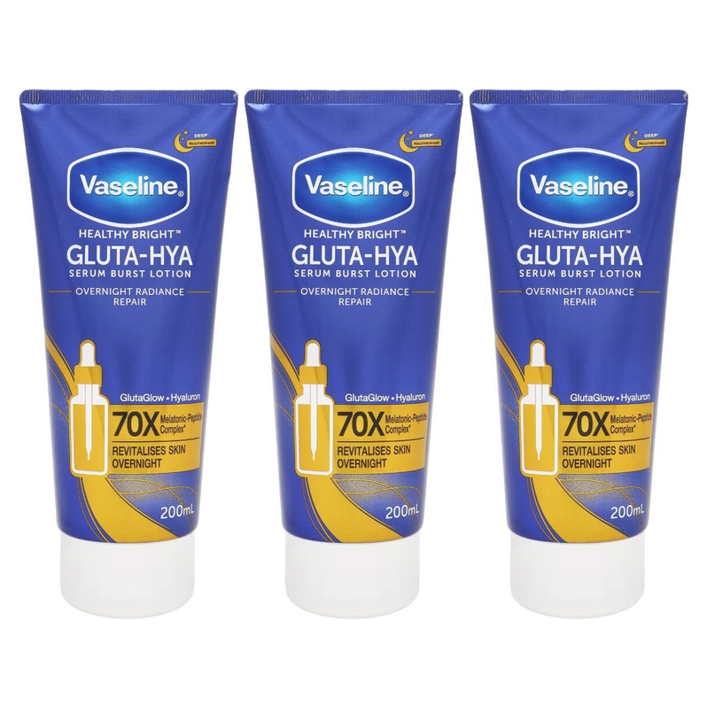 3x Vaseline 200ml Serum Burst Body Lotion Pack - Healthy Bright Gluta-Hya Overnight Repair