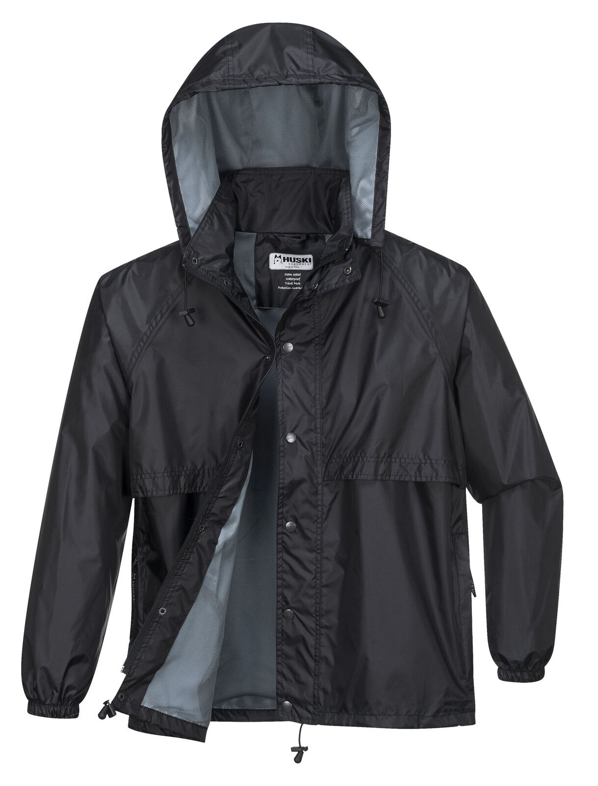 Huski Stratus Mens Waterproof Rain Jacket w/Concealed Hood (Windproof & Packable) - Black