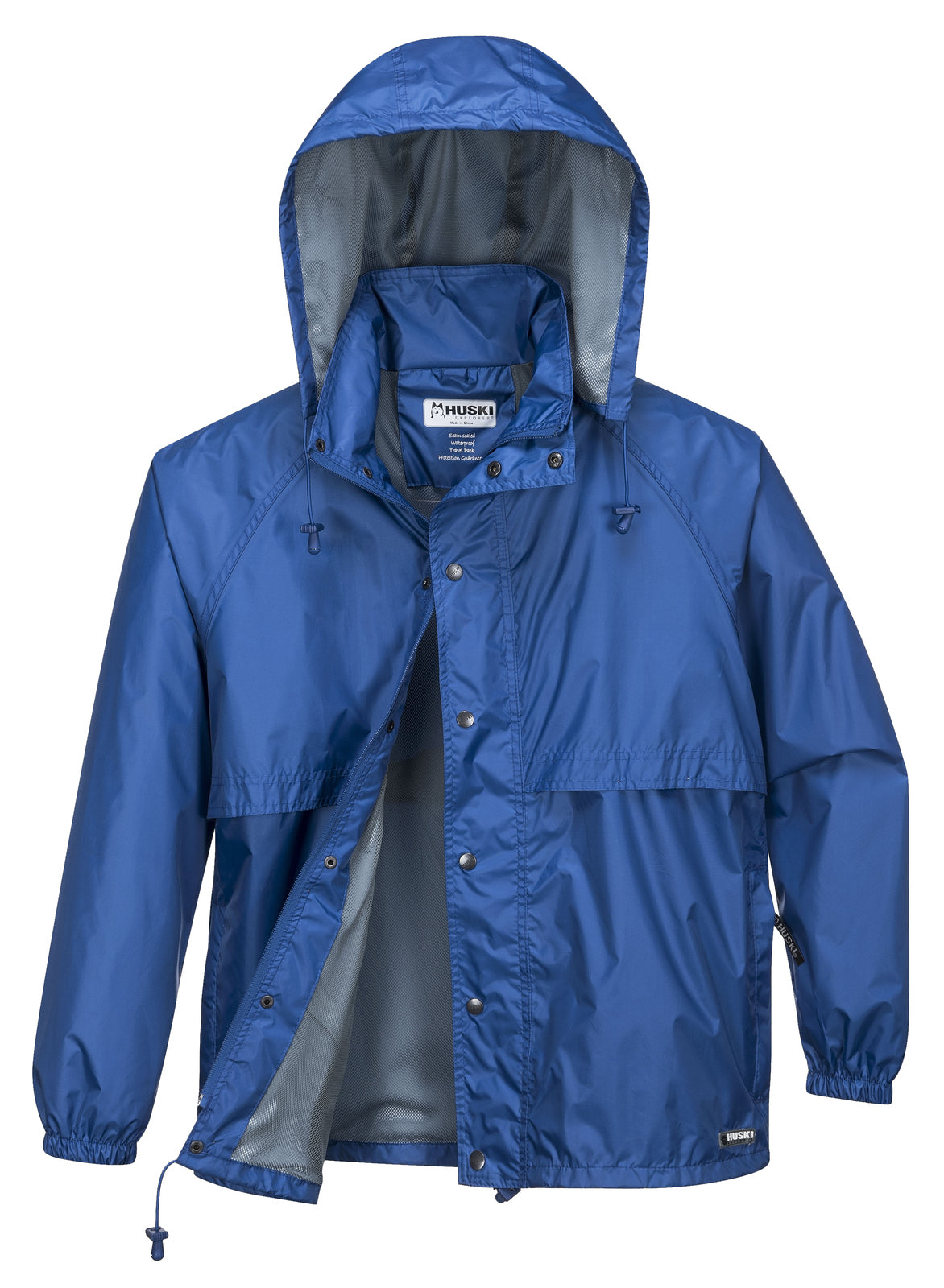 HUSKI STRATUS RAIN JACKET Waterproof Workwear Concealed Hood Windproof Packable - Navy Blue