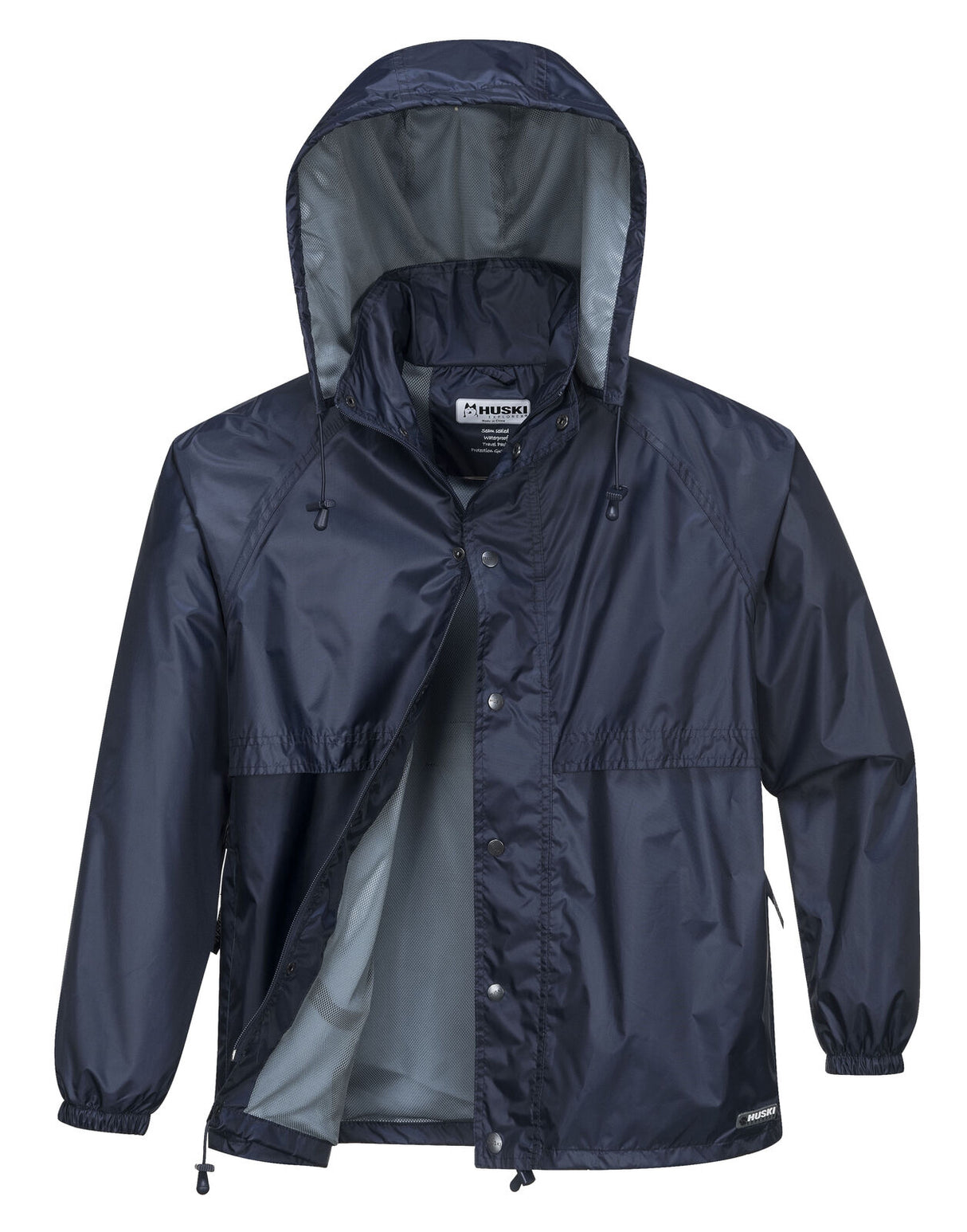 Huski Stratus Mens Waterproof Rain Jacket w/Concealed Hood (Windproof & Packable) - Navy Blue