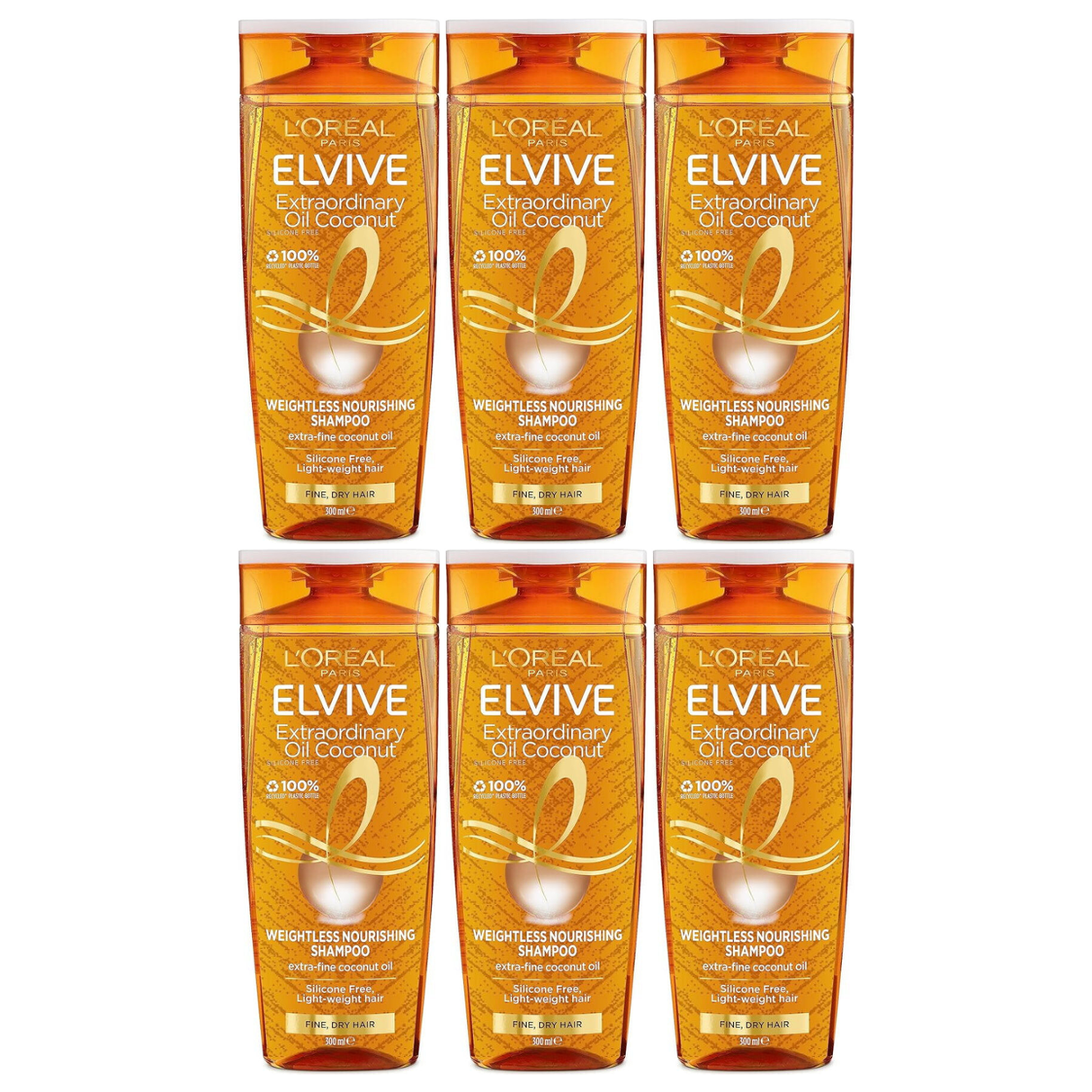6x 300ml L'Oréal Elvive Extraordinary Oil Coconut Weightless Nourishing Shampoo Bulk Pack - Fine Dry Hair