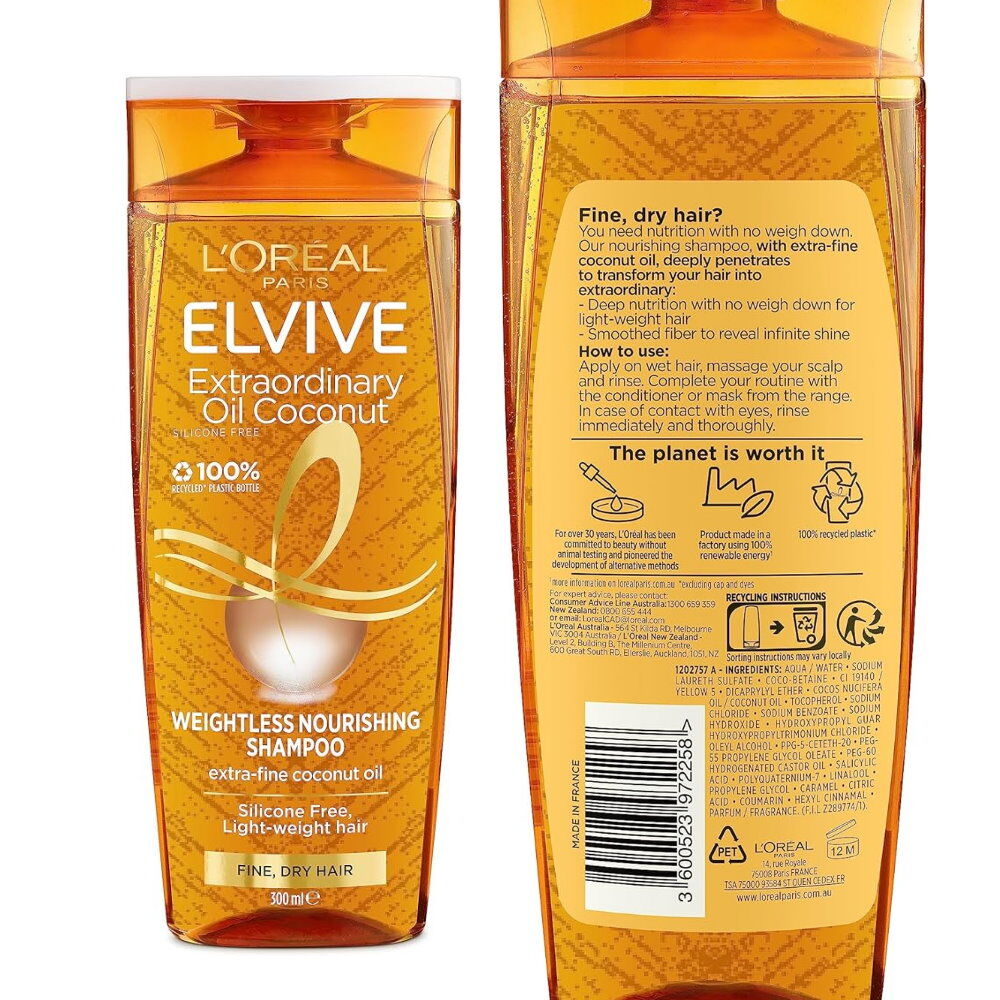 Loreal 300ml Shampoo Elvive Weightless Nourishing Extraordinary Oil Coconut Fine Dry Hair