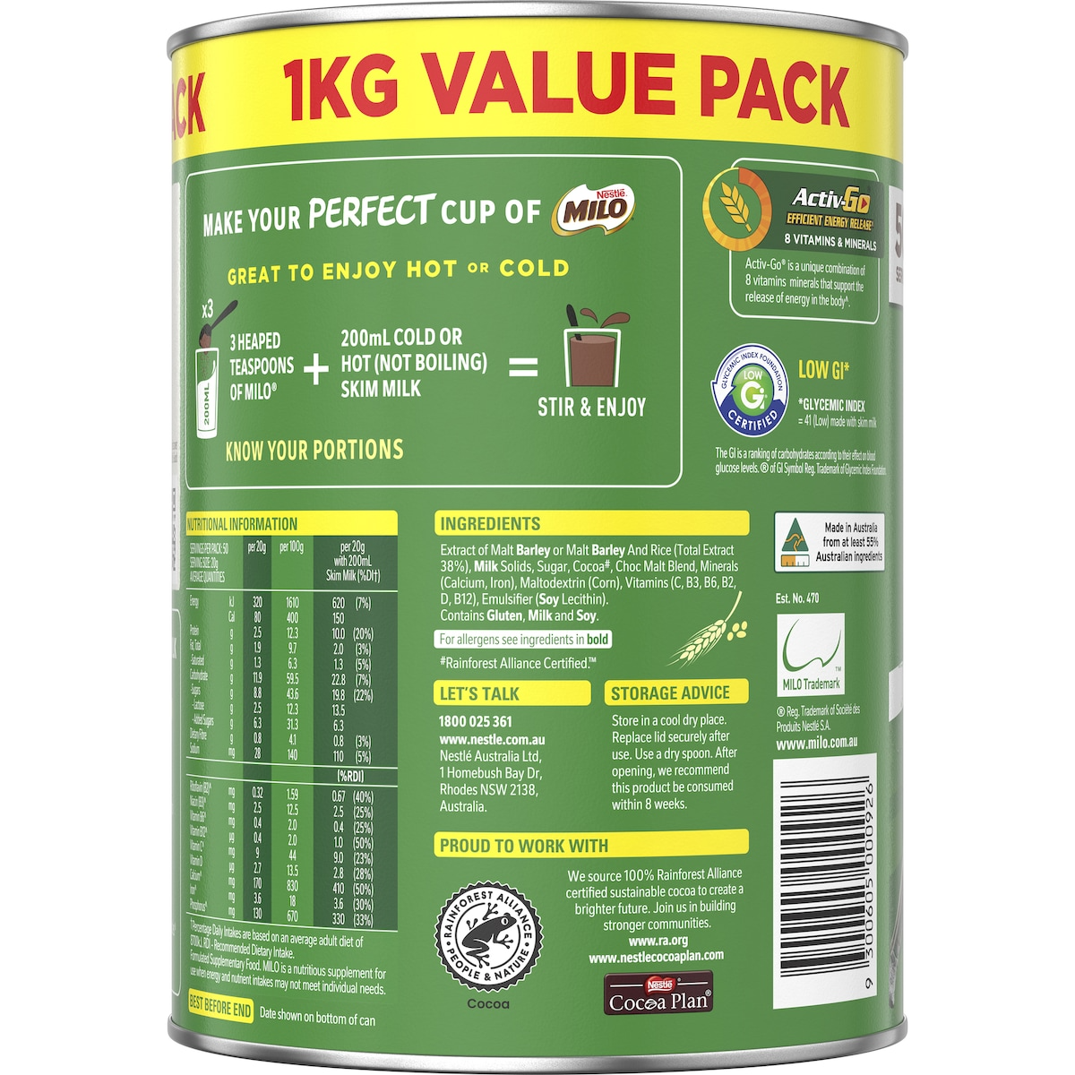 1kg Nestle Milo Malt Chocolate Bulk Value Pack - Hot/Cold Drinking Powder (Fresh Batch from Australia)