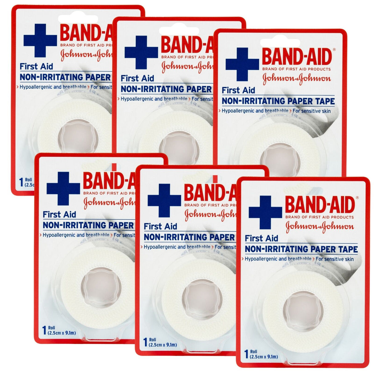 6x Band-Aid First Aid Non-Irritating Paper Tape 2.5cm x 9.1m