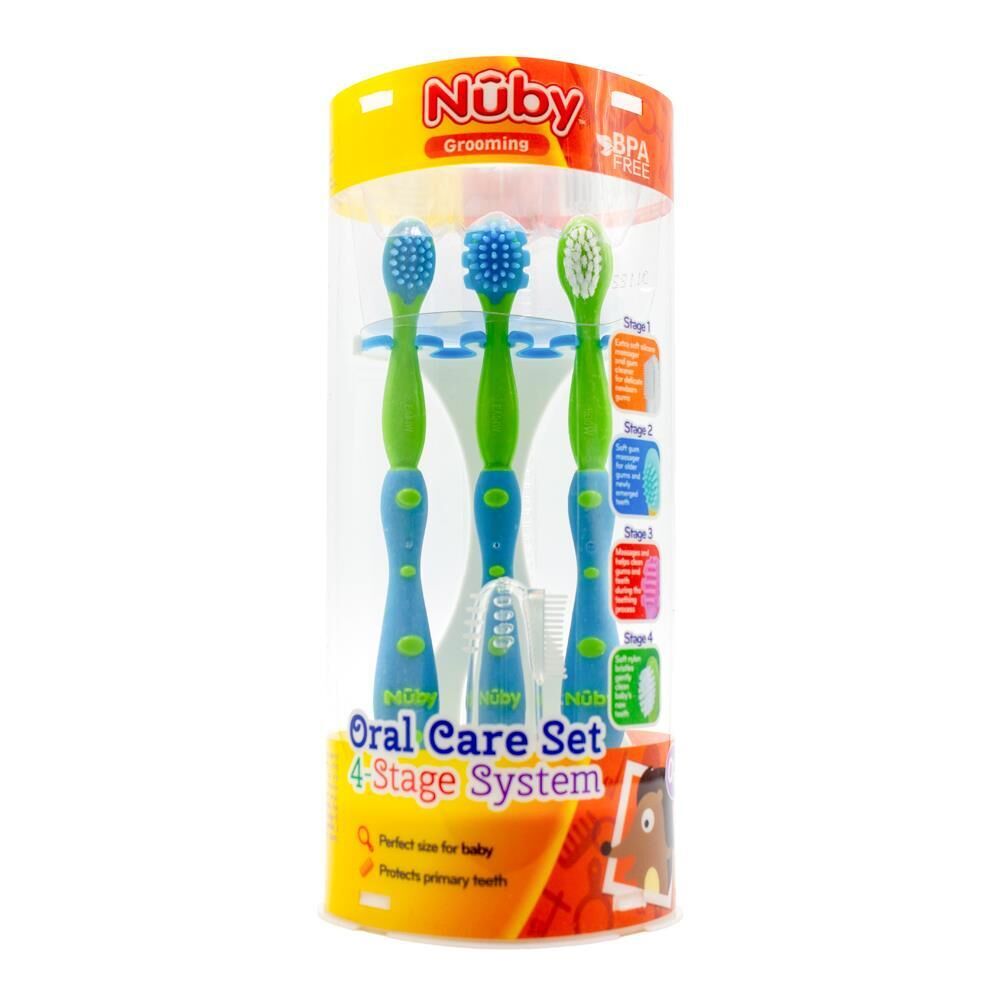 Nuby Baby Oral Care Set 4 Stage Toothbrush Teether Gum Cleaner in Pink & Blue