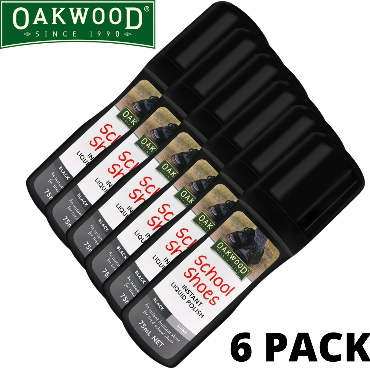 6x 75ml Oakwood School Shoes Instant Liquid Polish Bulk Pack - Black Shine