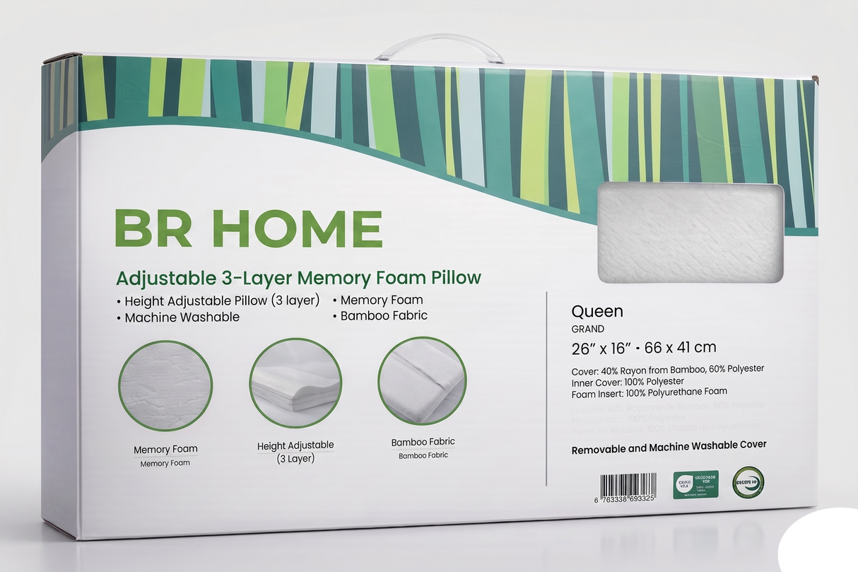 Bamboo Height Adjustable Pillow - 3-Layer Memory Foam (Machine Washable) 41x66cm