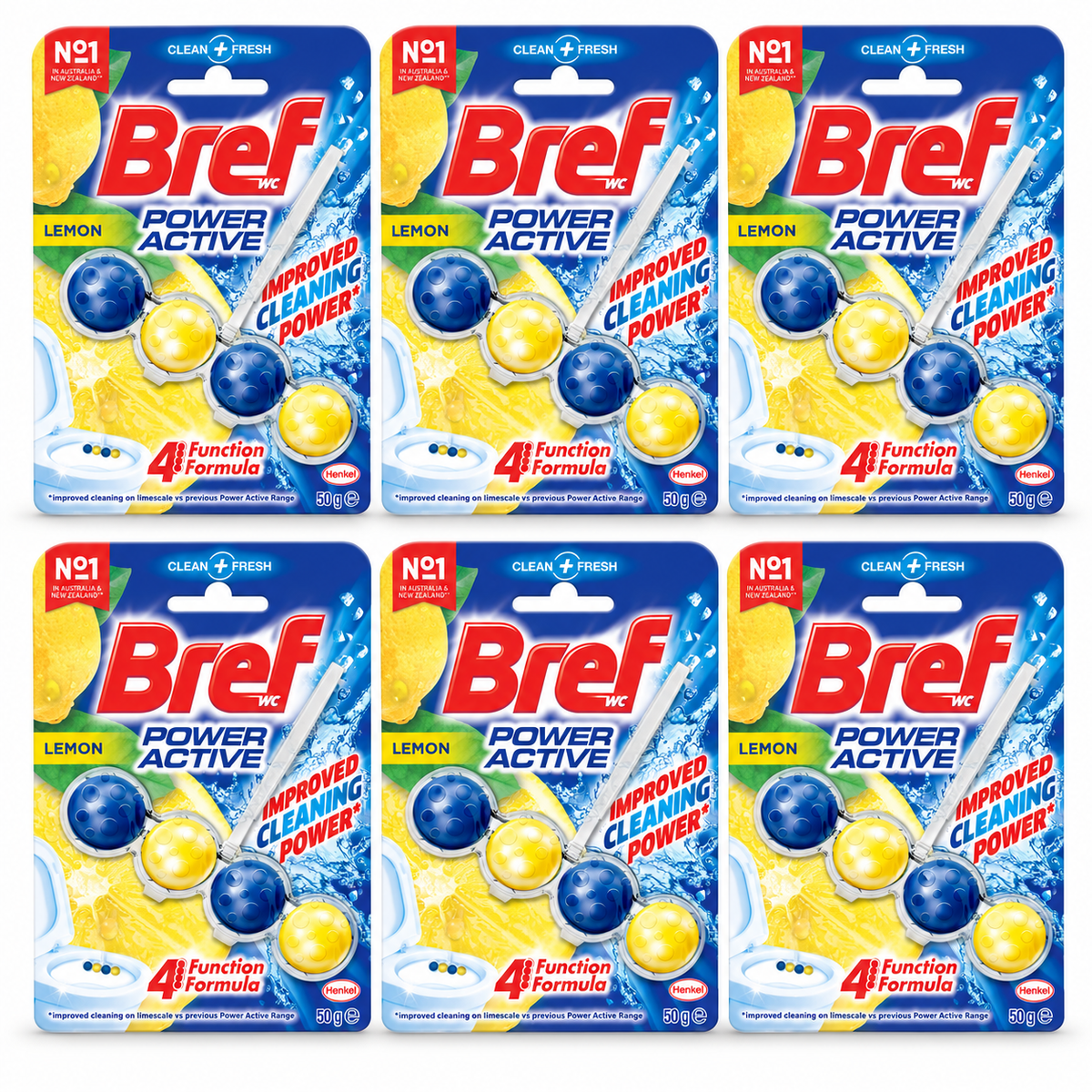 6x Bref Power Active 50g Toilet Rim Block Cleaner Bulk Pack - Juicy Lemon (4 Function)