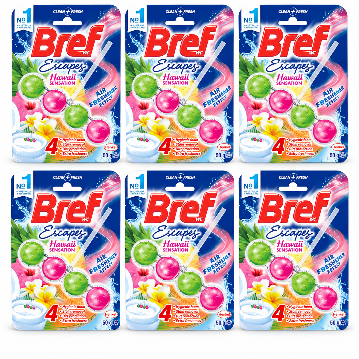 6x Bref Escapes Hawaii Rim Block Toilet Cleaner Air Freshener 4 Function 50g