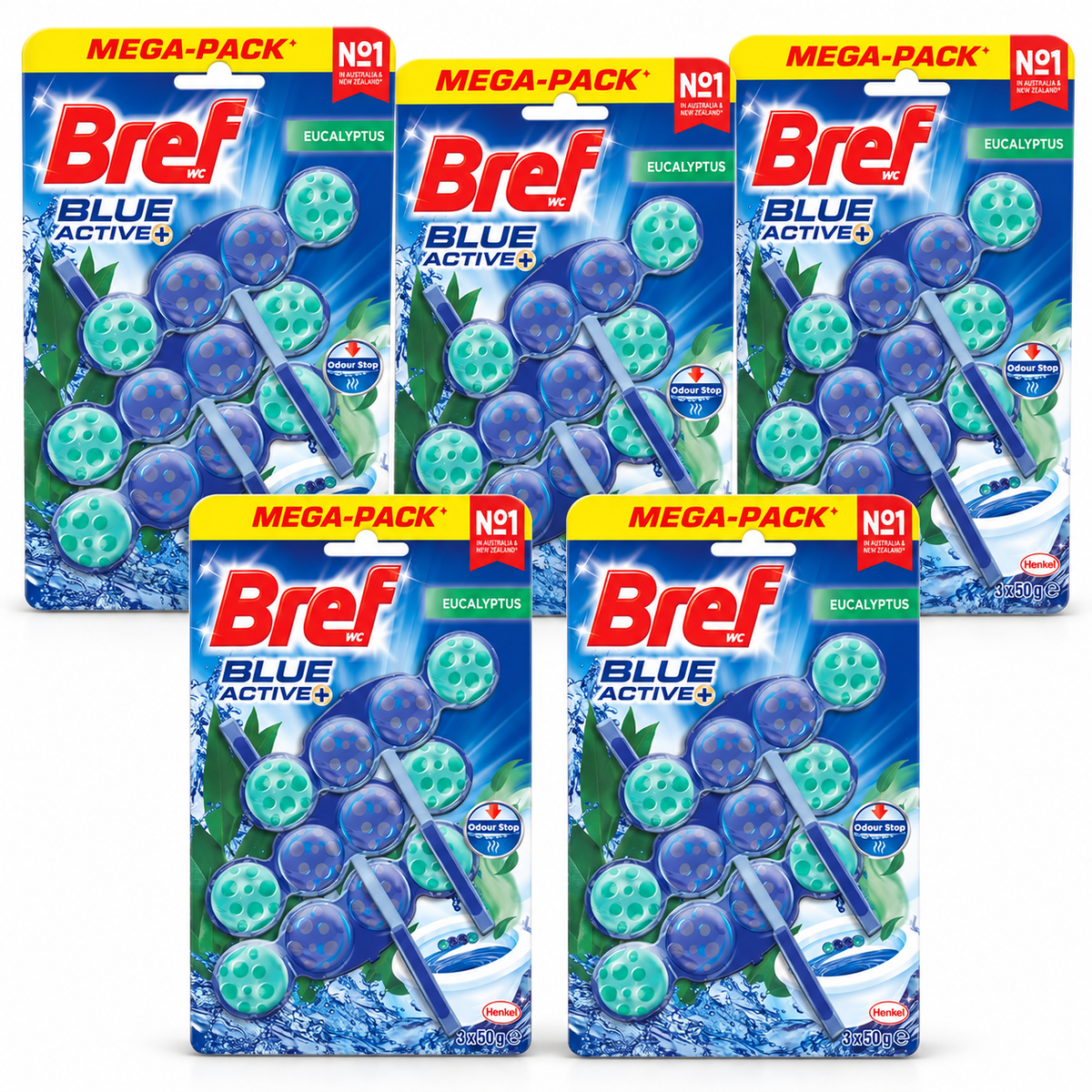5x Bref 3pk Blue Active Eucalyptus Toilet Rim Block Cleaner 50g