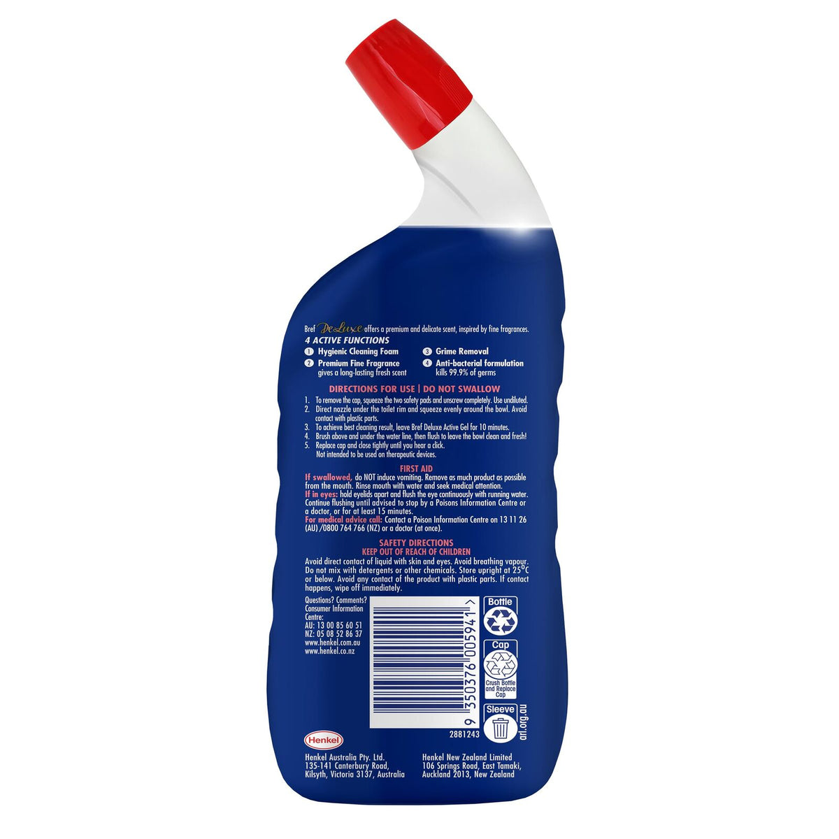 3x Bref Active Gel De Luxe 600ml Toilet Cleaner Disinfectant Pack - Magnolia