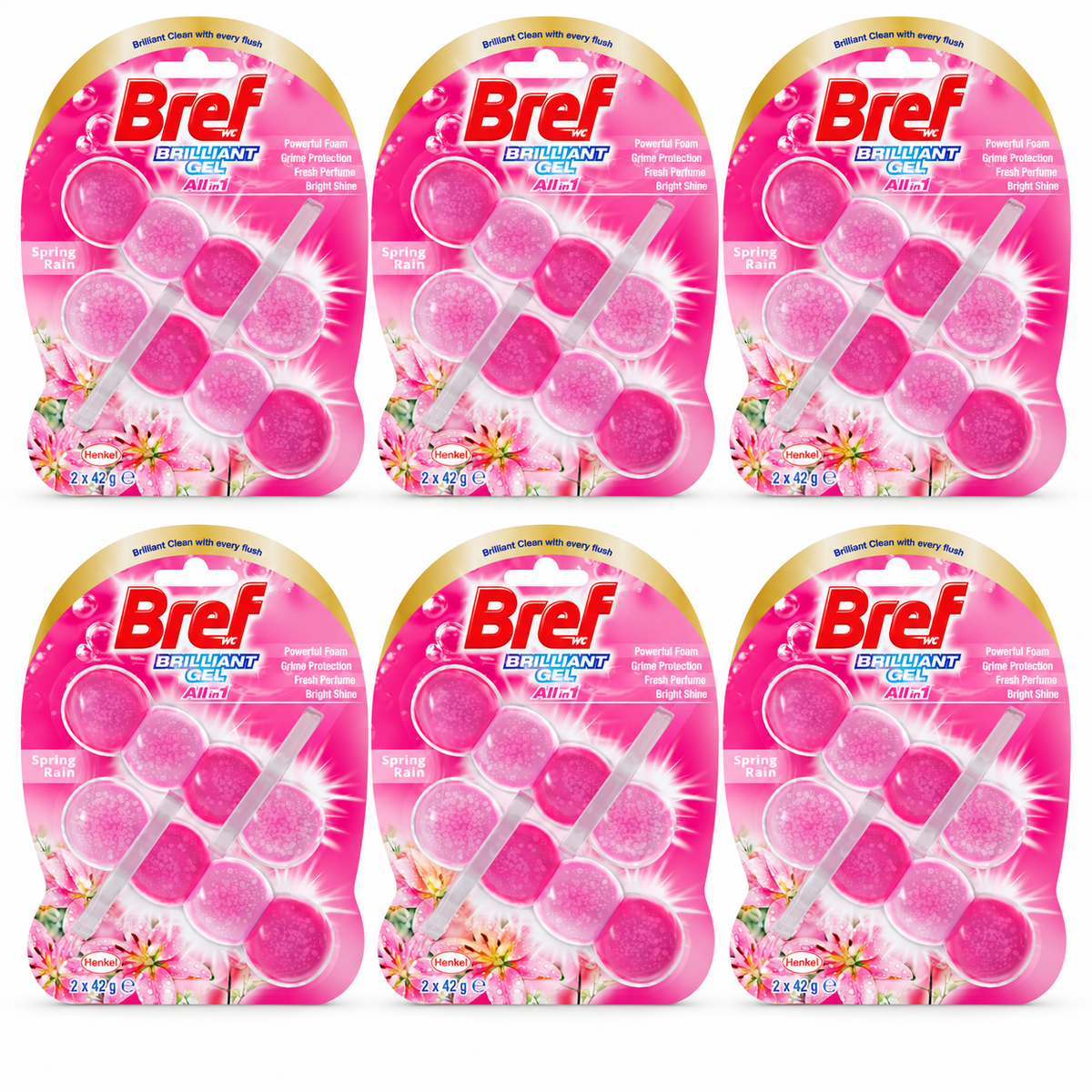 6x Bref Brilliant Gel Toilet Rim Block Cleaner Spring Rain 84g
