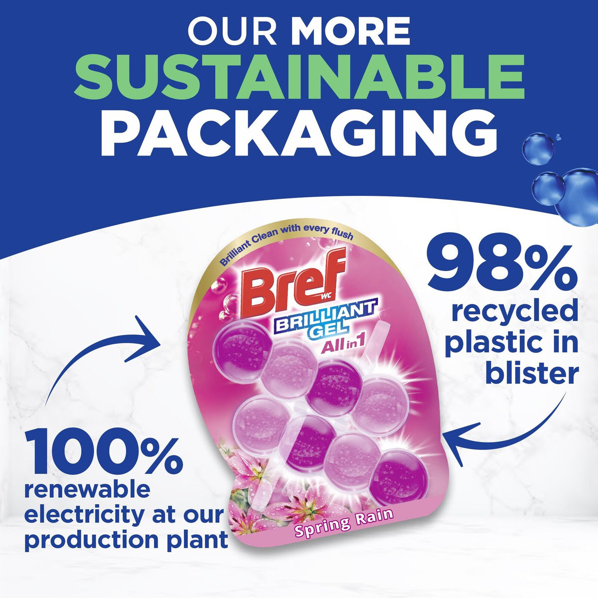 3x Bref Brilliant Gel 84g Toilet Rim Block Cleaner Pack - Spring Rain