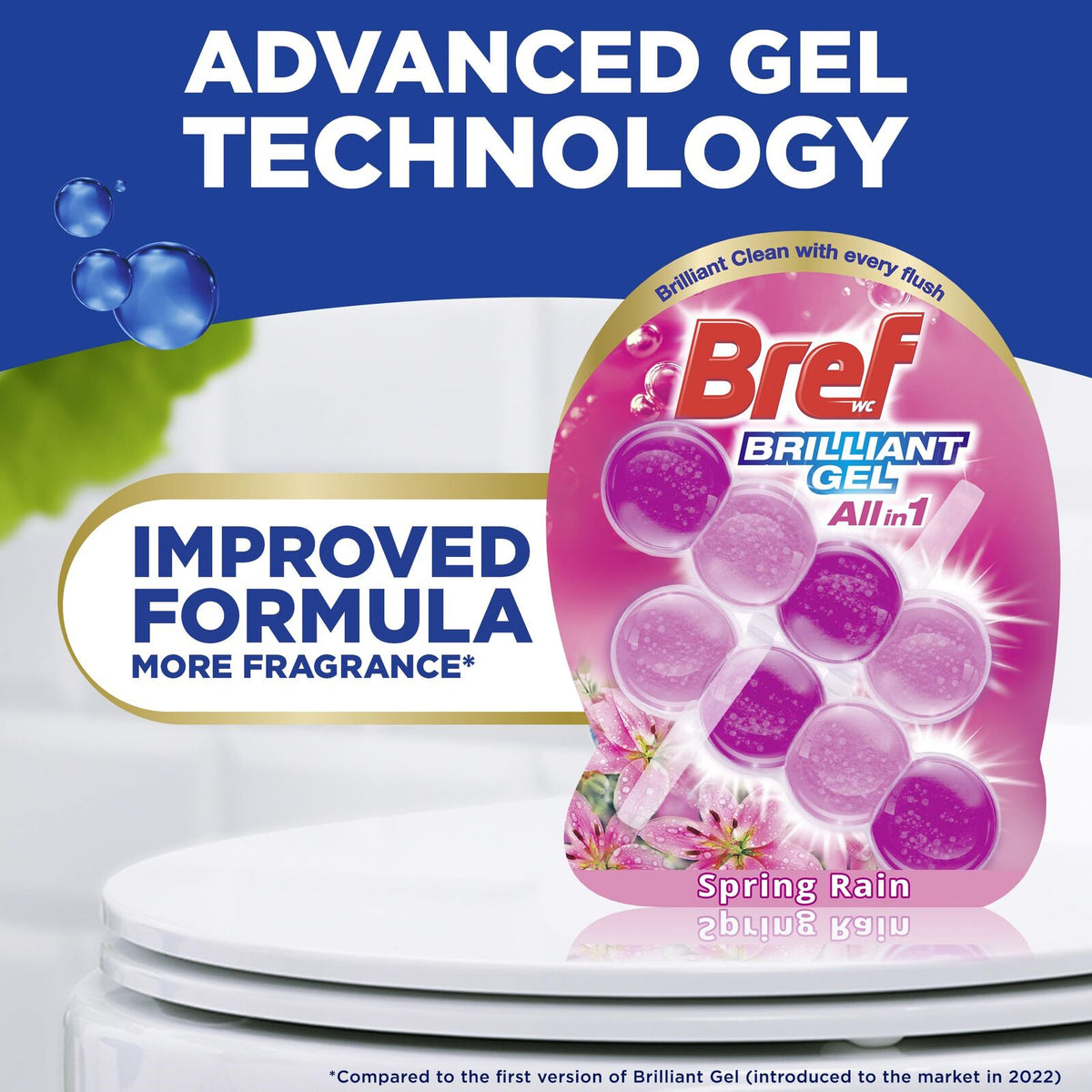 3x Bref Brilliant Gel 84g Toilet Rim Block Cleaner Pack - Spring Rain