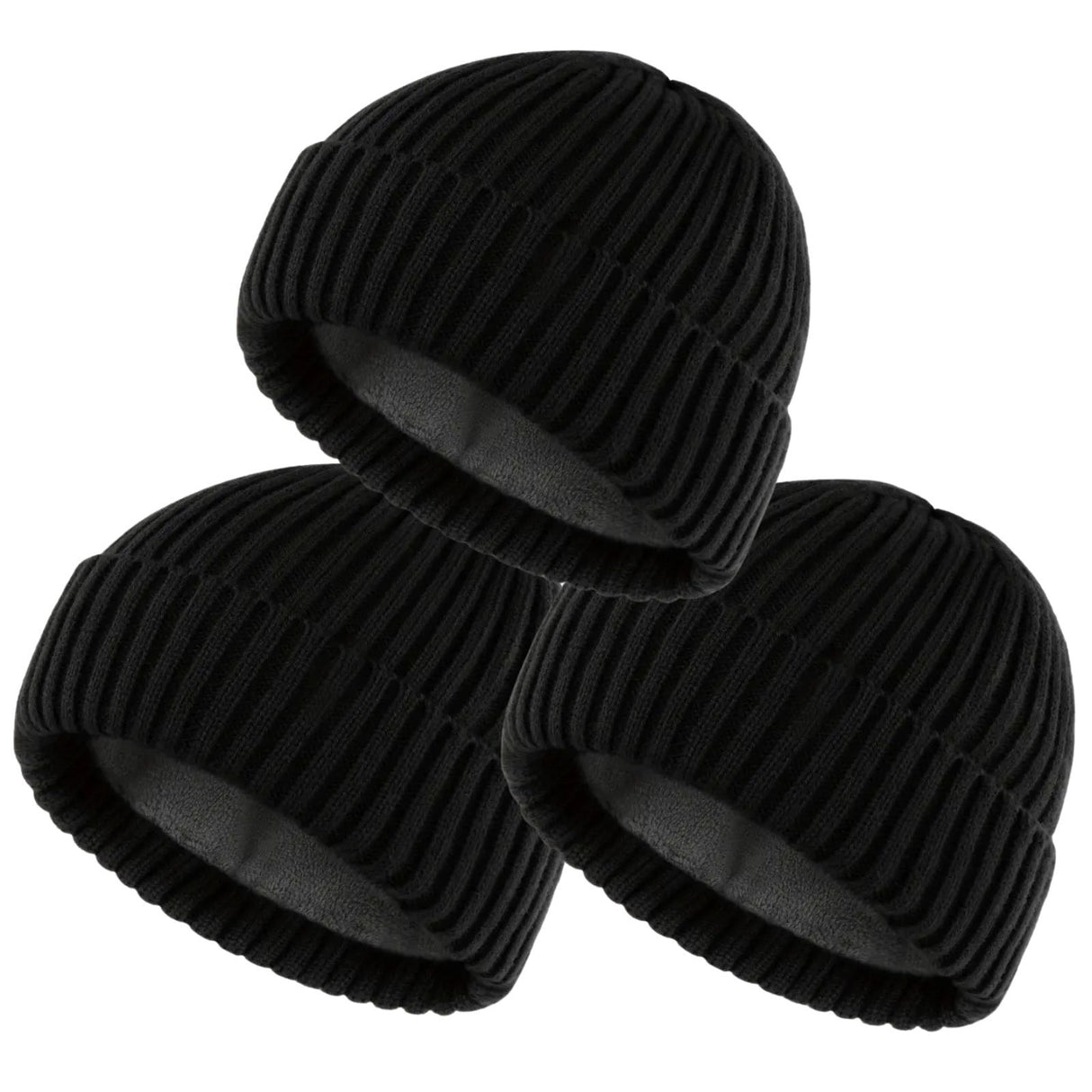 3x Unisex Winter Knitted Hat Warm Thick Beanie Fleece Ski Cap Thermal - Black